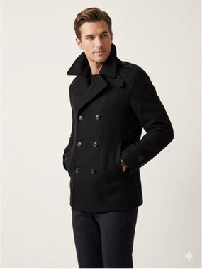 Men's Calvin Klein Men's Wool Blend Double Breasted Peacoat Jacket Black Medium